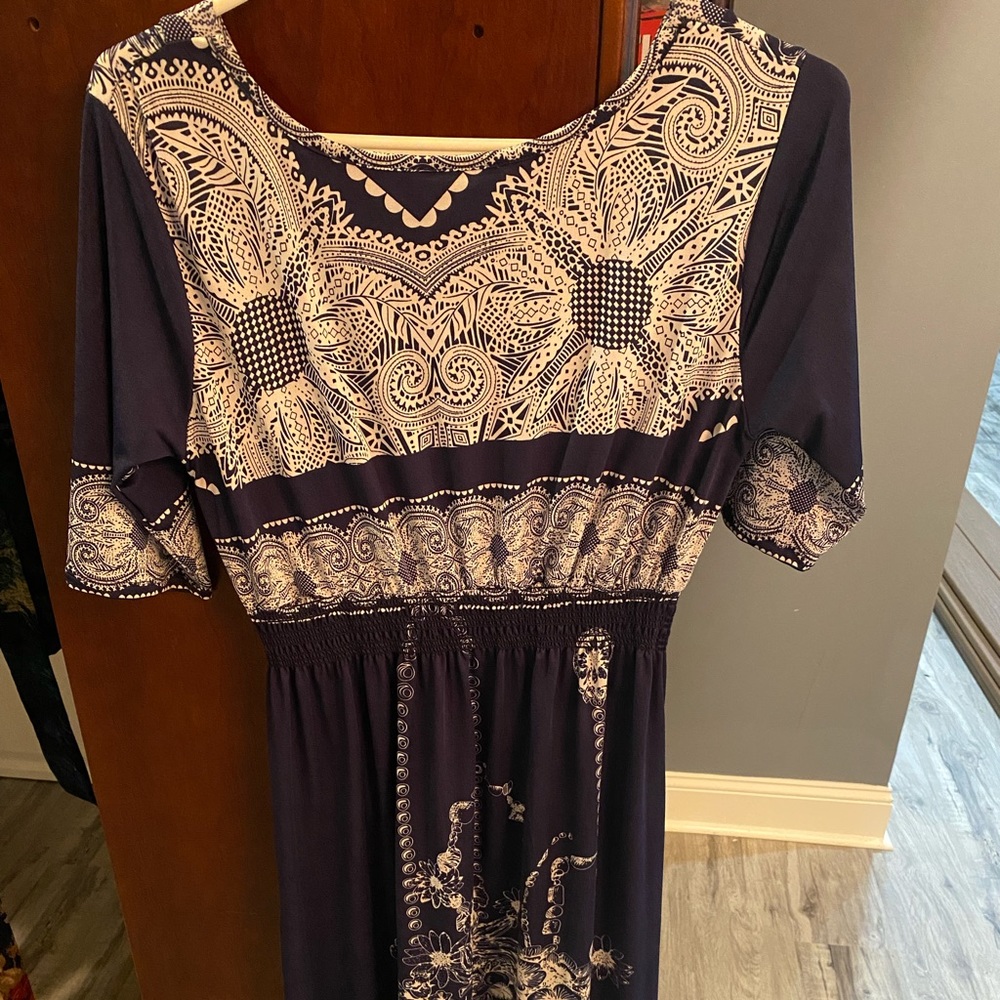 Floor length blue and white dress